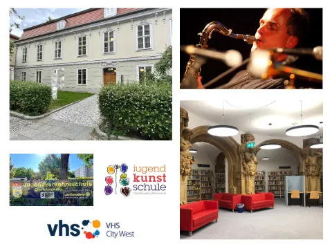 Weiterbildungs- und Kulturangebote im Bezirk Charlottenburg-Wilmersdorf: Collage aus folgenden Foto- und Grafikmotiven: Schoeler Schlösschen, Lesesaal der Heinrich-Schulz-Bibliothek, Banner der Jugendverkehrsschule Charlottenburg, Saxophonspieler für die Musikschule City-West, Logo der VHS City West und Logo der Jugendkunstschule