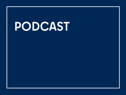 Kachel Schriftzug "Podcast": rechteckige Kachel, dunkelblauer Hintergrund, weißer innenliegender Rahmen, weiße Schrift