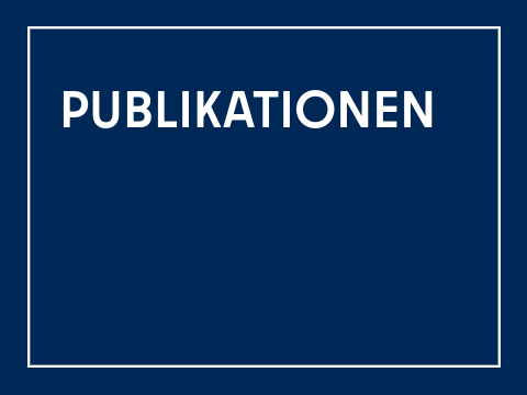 Kachel Schriftzug "Publikationen": rechteckige Kachel, dunkelblauer Hintergrund, weißer innenliegender Rahmen, weiße Schrift