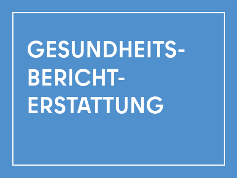 Kachel Schriftzug "Gesundheitsberichterstattung": rechteckige Kachel, blauer Hintergrund, weißer innenliegender Rahmen, weiße Schrift