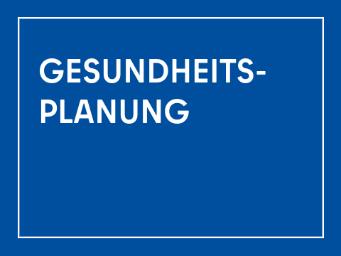 Kachel Schriftzug "Gesundheitsplanung": rechteckige Kachel, blauer Hintergrund, weißer innenliegender Rahmen, weiße Schrift