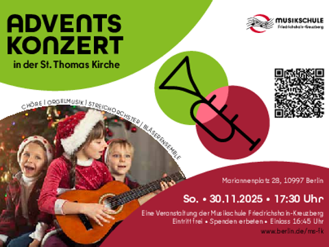 Flyer zum Adventskonzert 2025 der Musikschule Friedrichshain-Kreuzberg