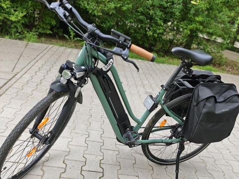 Ein grünes Fahrrad mit braunen Griffen steht auf einem gepflasterten Weg. Am Gepäckträger ist eine schwarze Fahrradtasche befestigt. Im Hintergrund sind grüne Sträucher zu sehen.