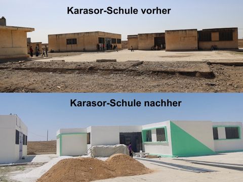 Schnelle Hilfe nach dem Erdbeben: Die Karasor-Schule vorher - und nachher