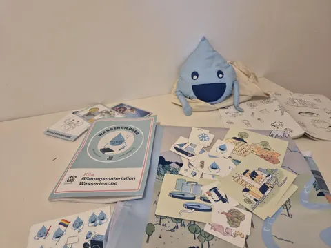 Inhalt der Wassertasche: Handpuppe, Sticker, Flyer, Informationsblatt, Karte