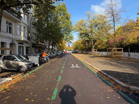 Blick auf die neue Fahrradstraße mit großer entsiegelter Fläche rechts daneben entlang der Straßenbäume