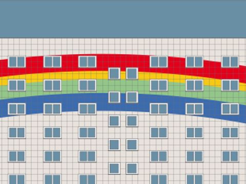Symbolbild für die Filme "State of the Arts" Lichtenberg, Plattenbau mit aufgemaltem Regenbogen