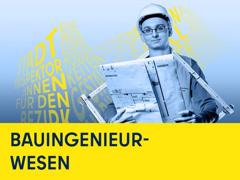 Junger Mann mit Zollstock und Bauplan, Illustration und Schriftzug Bauingenieurwesen