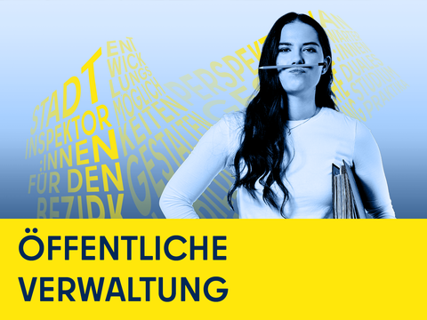 Junge Frau mit Bleistift und Ordner, Illustration, Schriftzug Öffentliche Verwaltung