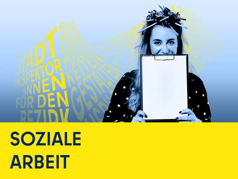 Junge Frau mit Bleistiften im Haar und Klemmbrett, Illustration, Schriftzug Soziale Arbeit