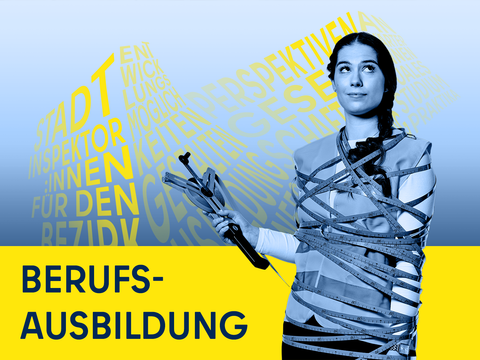 Junge Frau eingewickelt in ein Maßband, Schriftzug Berufsausbildung