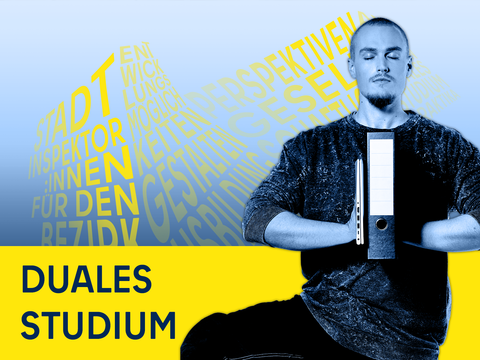 Junger Mann mit Yogapose und Ordner und Schriftzug Duales Studium