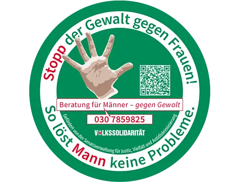 Runder grüner Aufkleber mit einer Hand und Schrift "Stopp der Gewalt gegen Frauen!"