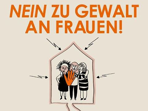 Drei Frauen stehen zusammen und zeigen eine Hand - Stopp Nein zu Gewalt an Frauen