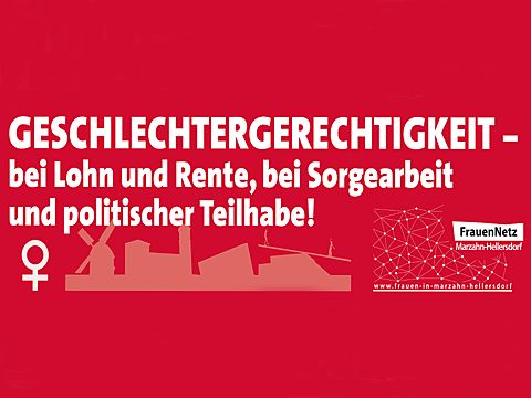 Roter Hintergrund mit der Aufschrift Geschlechtergerechtigkeit - bei Lohn und Rente, bei Sorgearbeit und politischer Teilhabe!