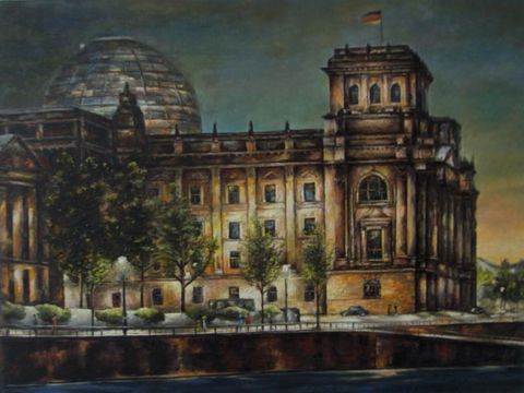 Das Ölbild "Blick auf den Rechstag" zeigt den Reichstag von der Spree aus, es herrscht Dämmerung und die Laternen entlang des Uferwegs setzen Lichtakzente