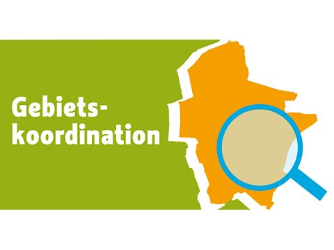 Karte mit Lupe und Aufschrift: Gebietskoordination