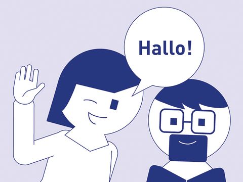 Abbildung: Eine Person hebt den Arm und sagt zu einer zweiten Person "Hallo"