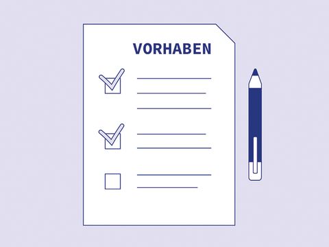Abbildung: Ein Blatt Papier mit der Überschrift "Vorhaben", darin sind Linien und drei Kästchen mit zwei Haken und daneben liegt ein Stift
