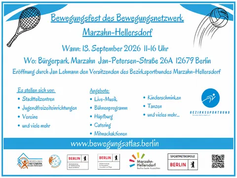 Plakat zum Bewegungsfest des Bewegungsnetzwerks Marzahn-Hellersdorf am 13. September 2026 im Bürgerpark Marzahn mit Programm und Mitmachangeboten.