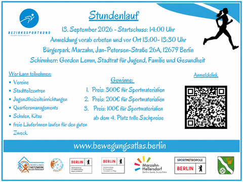 Plakat zum Stundenlauf am 13. September 2026 im Bürgerpark Marzahn mit Uhrzeit, Teilnahmeinfos, Preisen und Anmeldemöglichkeit per QR-Code.