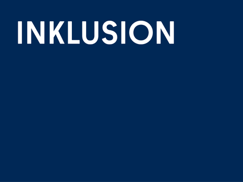 Dunkelblaue Bildkachel mit dem Text INKLUSION links oben in weißer Schrift.