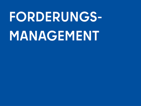 Blaue Kachel mit "Forderungsmanagement" in weißen Großbuchstaben vom Rechtsamt Marzahn-Hellersdorf.