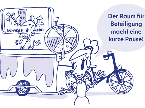Comichafte Darstellung von Anne und Jonas vor dem Beteiligungsrad. Dazu eine Sprechblase: "Der Raum für Beteiligung macht eine kurze Pause".