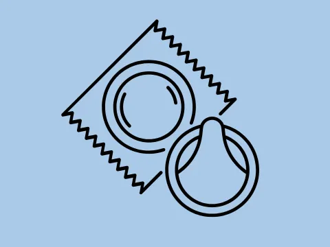 Hellblaue Kachel mit dem Symbol eines Kondoms und einer Kondompackung