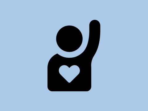 Ein Icon mit einer Person, die die Hand hebt. Auf dem Körper ist ein Herz. Der Hintergrund ist hellblau