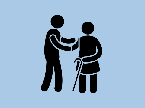 Ein Icon mit zwei Personen auf hellblauem Hintergrund. Die reche Person hat einen Stock in der Hand, die linke Person hält die Hand.