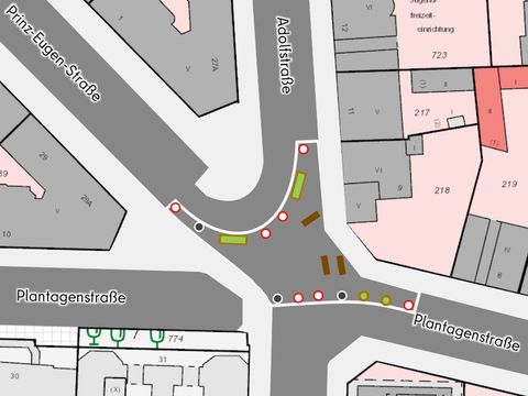 Schematische Darstellung: Modalfilter Plantagenstraße / Prinz-Eugen-Straße / Adolfstraße