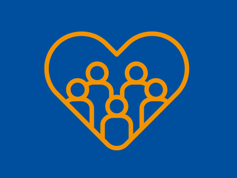 Icon mit mehreren Personen in einem Herz blau