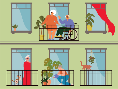 ältere Menschen im Wohnquartier, älterer Mann im Rollstuhl mit älterer Frau auf dem Balkon, darunter eine ältere Frau mit Hund am Fenster, daneben eine ältere Frau bei der Blumenpflege