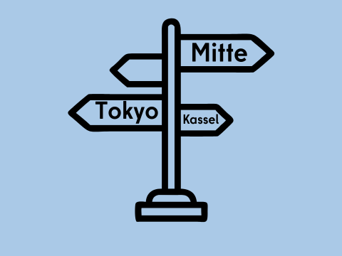 Icon eines Wegpfeilers mit den Aufschriften Mitte, Tokyo und Kassel