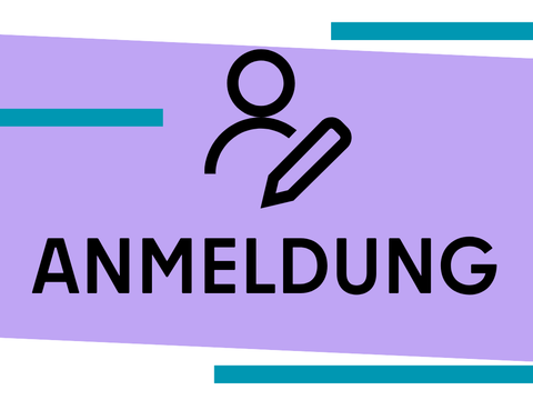 Anmeldung mit Anmelde-Icon und lila-blauen Zierstrichen