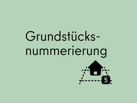 Kachel Grundstücksnummerierung auf grünem Hintergrund mit Grundstück mit Haus und Nummerierung