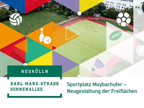 Webvisual von der Neugestaltung Sportplatz Maybachufer: Luftbild vom Sportplatz mit bunten Elementen draufgelegt und Sport-Emoticons