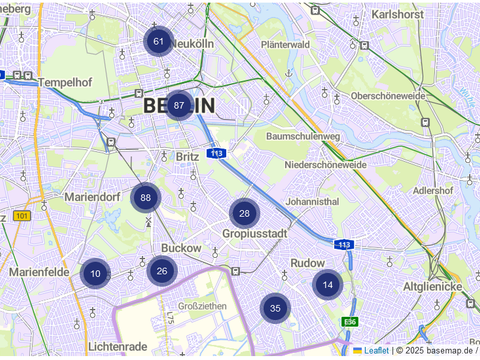 Berlin-Karte mit markierten B-Plänen im Bezirk Neukölln von mein.Berlin.de; Quelle: GeoBasis-DE