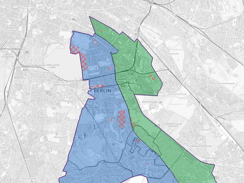 Screenshot der Zuständigkeitskarte der Unteren Denkmalschutzbehörde Neukölln aus dem Masterportal Berlin