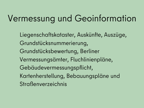 Fachbereich Vermessung und Geoinformation: Bauaufsicht, Baugenehmigungen, Mängelbeseitigung, Gefahrenabwehr, Bauaktenarchiv, Wohnungsaufsicht, Schornsteinfegerwesen, Gefahrenabwehr, Mängelbeseitigung, Baulastenverzeichnis