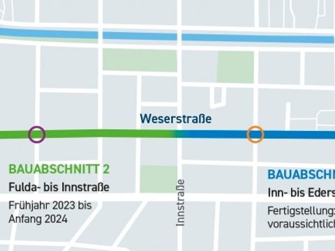 Plan für den Umbau der Weserstraße zur Fahrradstraße mit den einzelen Bauabschnitten