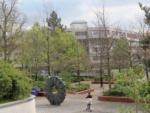 Abbildung Teil der Rollberg-Siedlung hinter Bäumen