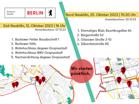 Kiez-Spaziergang 2023: Berlin Logo und bunte Striche sowie Ausschnitte von 2 Karten mit Markierungen für die Stationen des Kiez-Spaziergangs