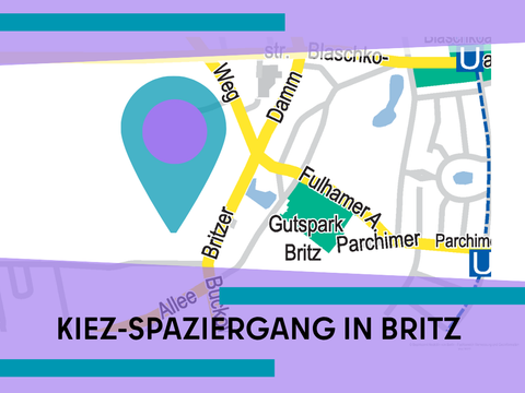 Web-Visual Kiez-Spaziergang 2026 in Britz: Karte von Neukölln mit Markierung auf dem ehemaligen RIAS-Gelände, Schriftzug: Kiez-Spaziergang in Britz, lila und blaue Zierstriche