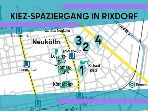 Web-Visuals Kiez-Spaziergang Rixdorf 2026: Karte von Neukölln mit 4 Markierungen für die Rixdorf-Route sowie blaue und lila Zier-Striche