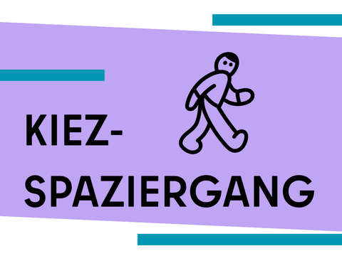 Web-Visuals Kiez-Spaziergang mit bewegter Person-Icon, lila-blaue Zierstriche