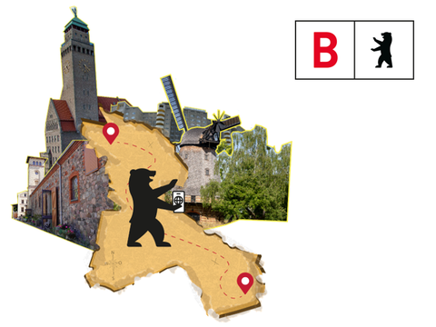Der Berliner Bär steht mit Smartphone auf einer Schatzkarte in Form des Bezirks Neukölln. Dahinter sind Bilder von Neuköllner Markenzeichen wie dem Rathaus Neukölln und der Britzer Mühle zu sehen.