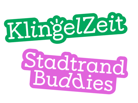Logo der Besuchs- und Begleitprojekte „KlingelZeit“ und „Stadtrand-Buddies“: die beiden Projektnamen stehen einem grünen und einem rosanen verspielten Schriftzug auf weißem Hintergrund.