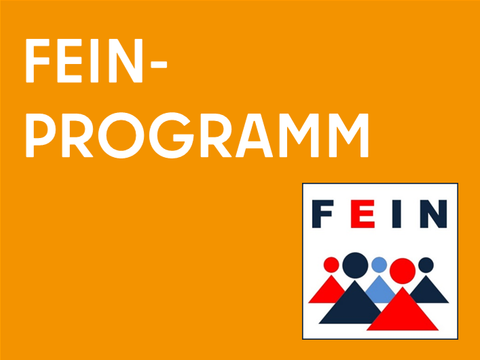Orangene Kachel zur Weiterleitung auf die Unterseite zum FEIN-Programm